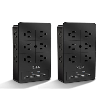 Surge Protector Nikleb, Wall Outlet with 4 USB Ports 5V 4.8A Total, 12 Multi Outlet Extender, Multiple USB Plug Adapter Wall Mount, Phone Chargier Organizer with Phone Holder, Heavy Duty