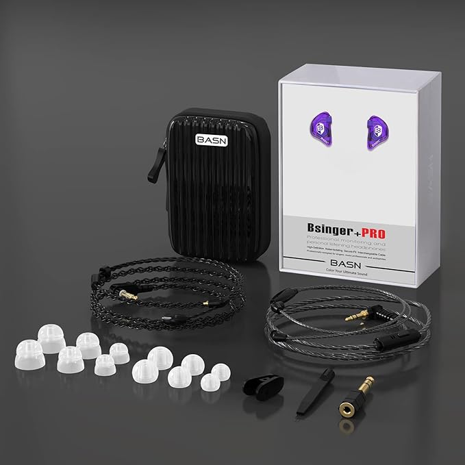 BASN in Ear Monitor Headphones for Musicians Audiophiles Drummers, Bsinger Pro Noise Isolating Earbuds with Dual Driver Dynamic Crystal Clear Sound (Pro Clear Purple)