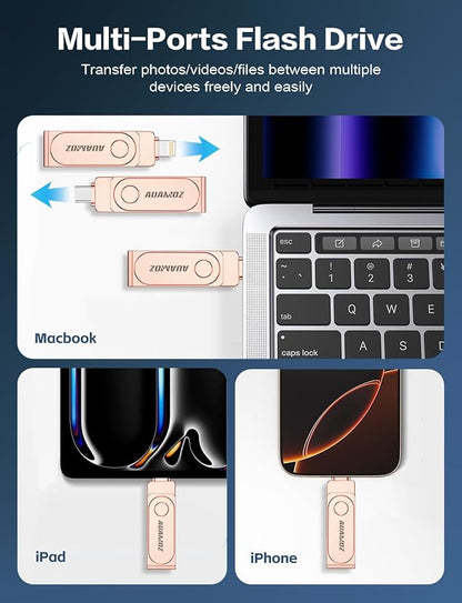 512GB Flash Drive Intended for iPhone, Memory Stick Storage Files Photos Videos Backup, Compatible with iPhone iPad Android PC, Plug and Play, No Application Required (Rose Gold)