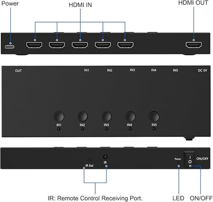 5 Way HDMI Switch 4k@60Hz HDMI Switcher 5 in 1 Out HDCP 2.0 Manual HDMI 2.0 Hub Supports 3D Compatible with Nintendo Switch/Switch OLED/Xbox/ PS5/4/3 Blu-Ray Player Fire Stick Roku Apple TV Chromeca