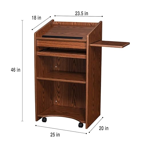 OEF Furnishings Mobile Floor Lectern with Side Shelf And Keyboard Tray, Medium Oak