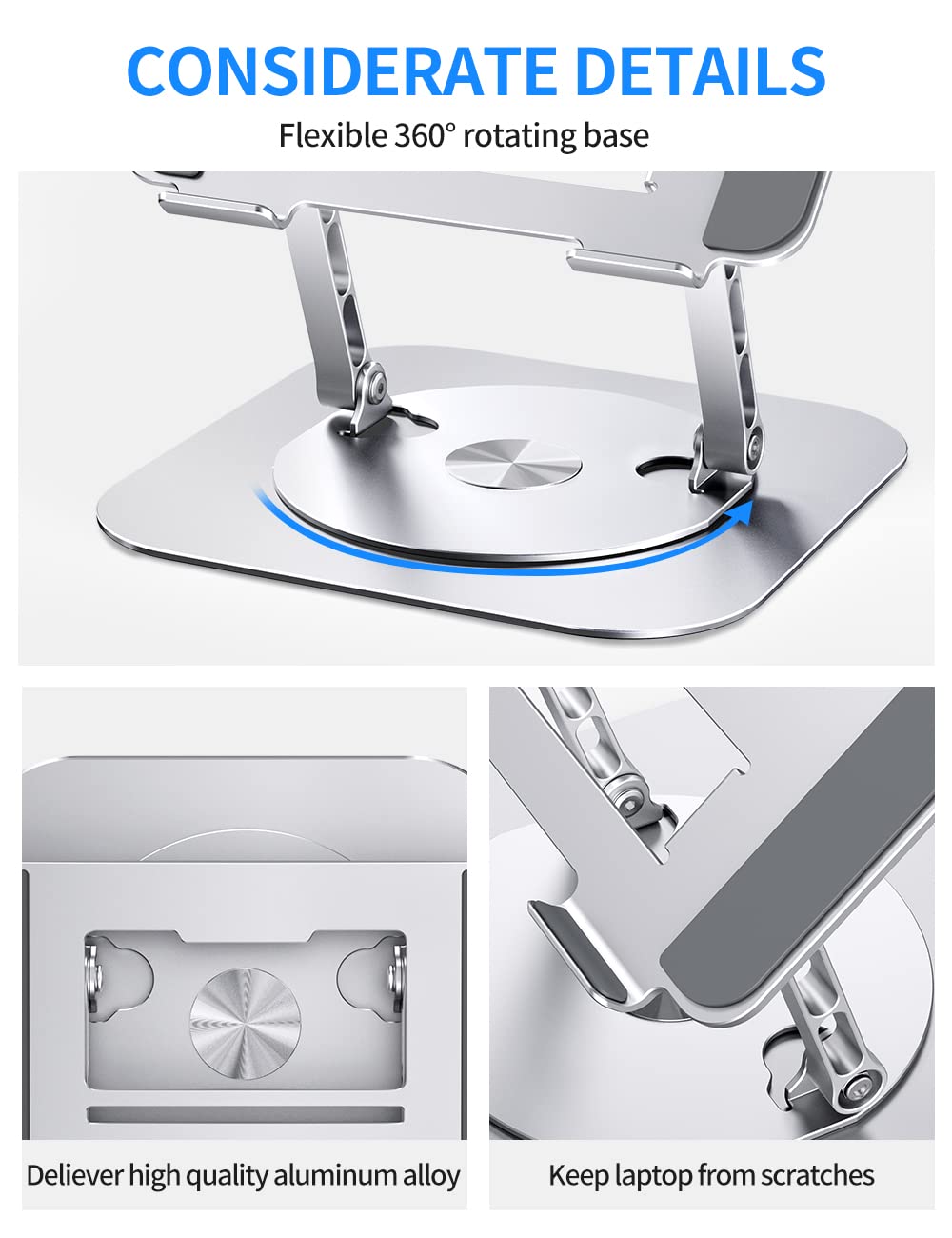 AOEVI Adjustable Computer Stand with 360 Rotating Base, Ergonimic Foldable Laptop Riser for Desk Compatible with MacBook Pro/Air Notebook up to 16 Inches, Silver