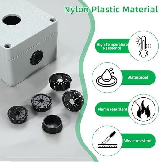 60PCS Cable Grommets, 7/16"(11mm) Desk Hole Cover Petal Shaped Buckle Type Nylon Snap Bushing Grommet, Wire Hole Cover Insert for Cables and Cords Management and Protection of Cabinet, Black