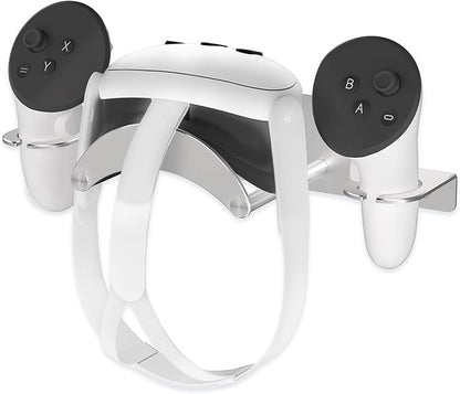 VR Wall Mount Aluminum Alloy,VR Headset Wall Mount Storage Stand Hook Compatible with Meta Quest 3/Quest Pro/Quest 2,Quest 3 Stand with 2 Storage Way,Desk Space Saving(Silver)