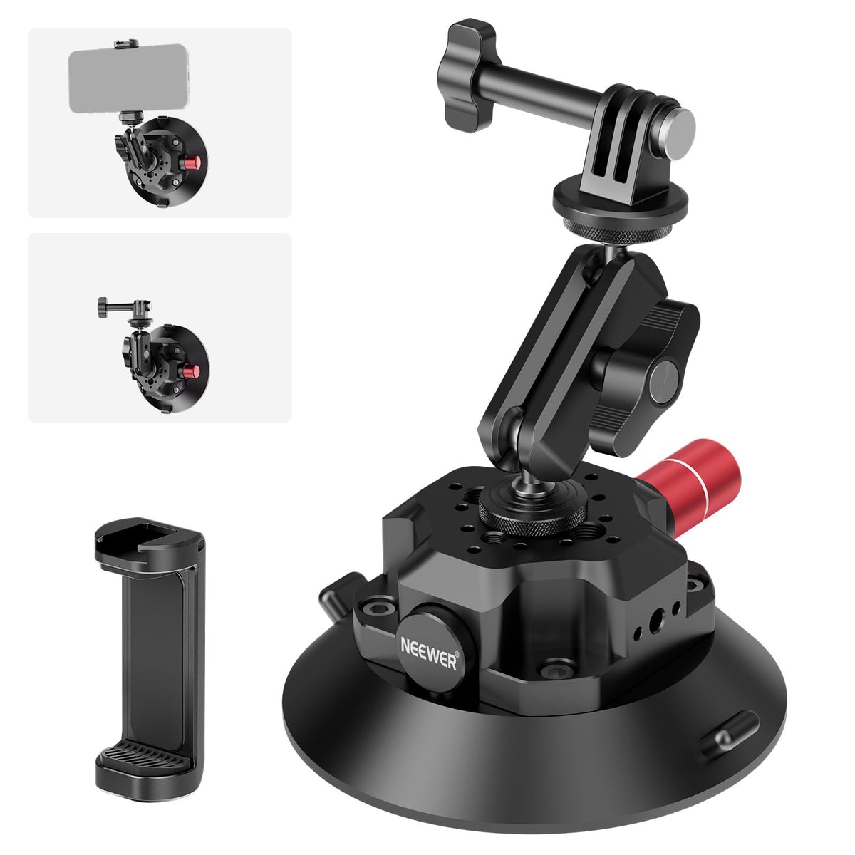 NEEWER Suction Cup Phone Holder & Camera Mount Compatible with GoPro DJI Insta360 iPhone, Car Phone Mount with Action Camera Adapter 360° Magic Arm for Vlogging Video Recording, CA158