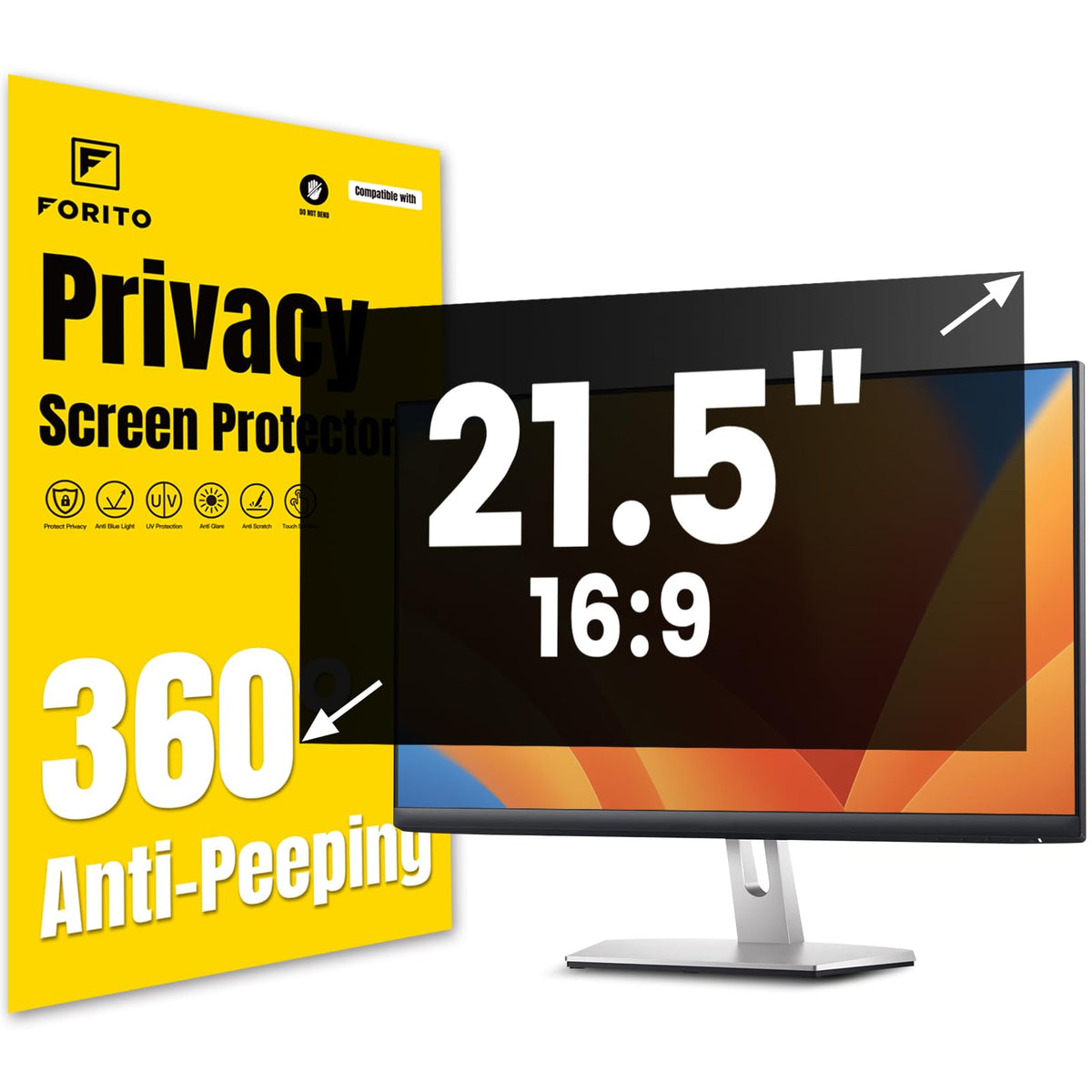 F FORITO 23.8 Inch 16:9 360°Privacy Screen Protector for Computer Monitor, Removable Eye Protection Anti Blue Light Anti Glare Computer Screen Privacy Shield for 23.8" Widescreen Monitors