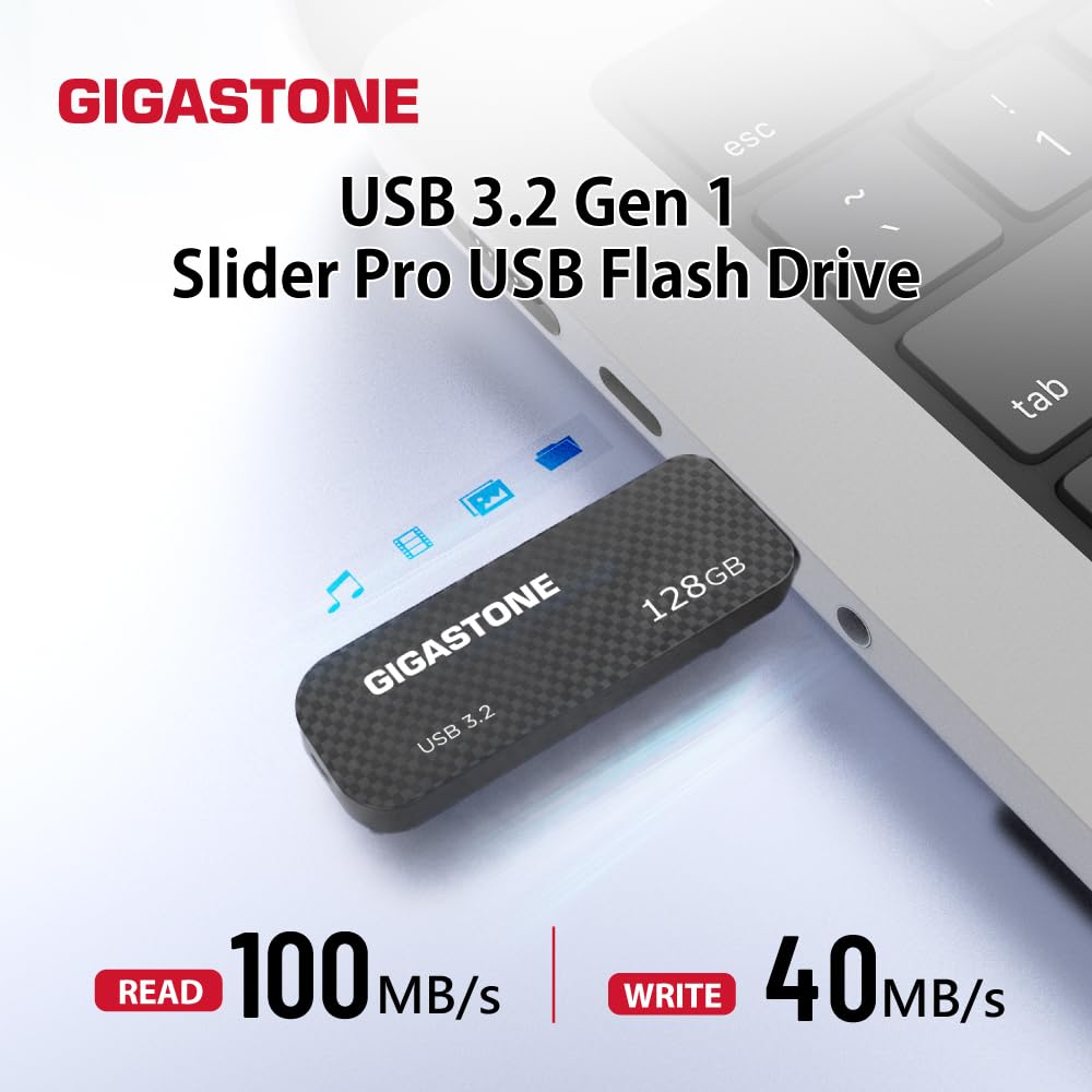 GIGASTONE 128GB USB 3.2 Flash Drive 5-Pack, 100MB/s High-Speed Data Transfer, Carbon Fiber Design, Retractable