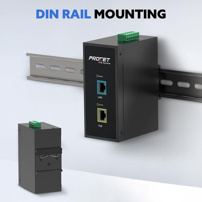 PROCET 10 Gbps Gigabit PoE++ Injector Din Rail, 60W Industrial Adapter with Wide Temp -40°F to 149°F, 6KV Surge Protection, AC/DC Input, IEEE802.3af/802.3at/802.3bt, PT-PSE105GB-AC-10
