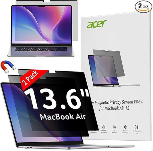 Acer [2 Pack Laptop Privacy Screen for MacBook Air 13 Inch (2022-2025 M1,M2,M3,M4), Eye Protection Anti Spy/Glare Blue Light Computer Monitor Privacy Filter, Dual-sided Magnetic & Removable