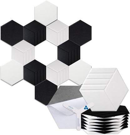 Mollywell Hexagon Acoustic Panels, Carved Patterns, Soundproofing, Decorative Noise Reduction Felt Wall Tiles for Ceilings, Home Office & Gaming Room (Black and White), 14x12x0.4 Inch