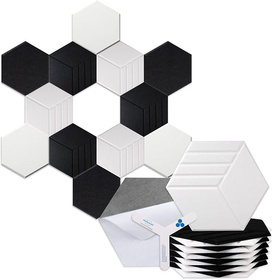 Mollywell Hexagon Acoustic Panels, Carved Patterns, Soundproofing, Decorative Noise Reduction Felt Wall Tiles for Ceilings, Home Office & Gaming Room (Black and White), 14x12x0.4 Inch