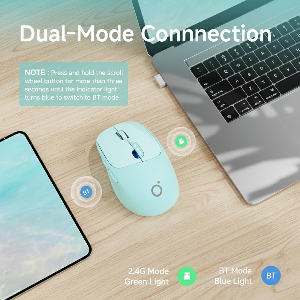 SEUNKWANG Dual-Mode Wireless Mouse with Visible Battery Indicator, Silent Rechargeable Bluetooth & 2.4G Computer Mouse, 1600 DPI, One-Click Desktop Privacy Key, Portable Mice for Laptop/PC/Mac - Blue