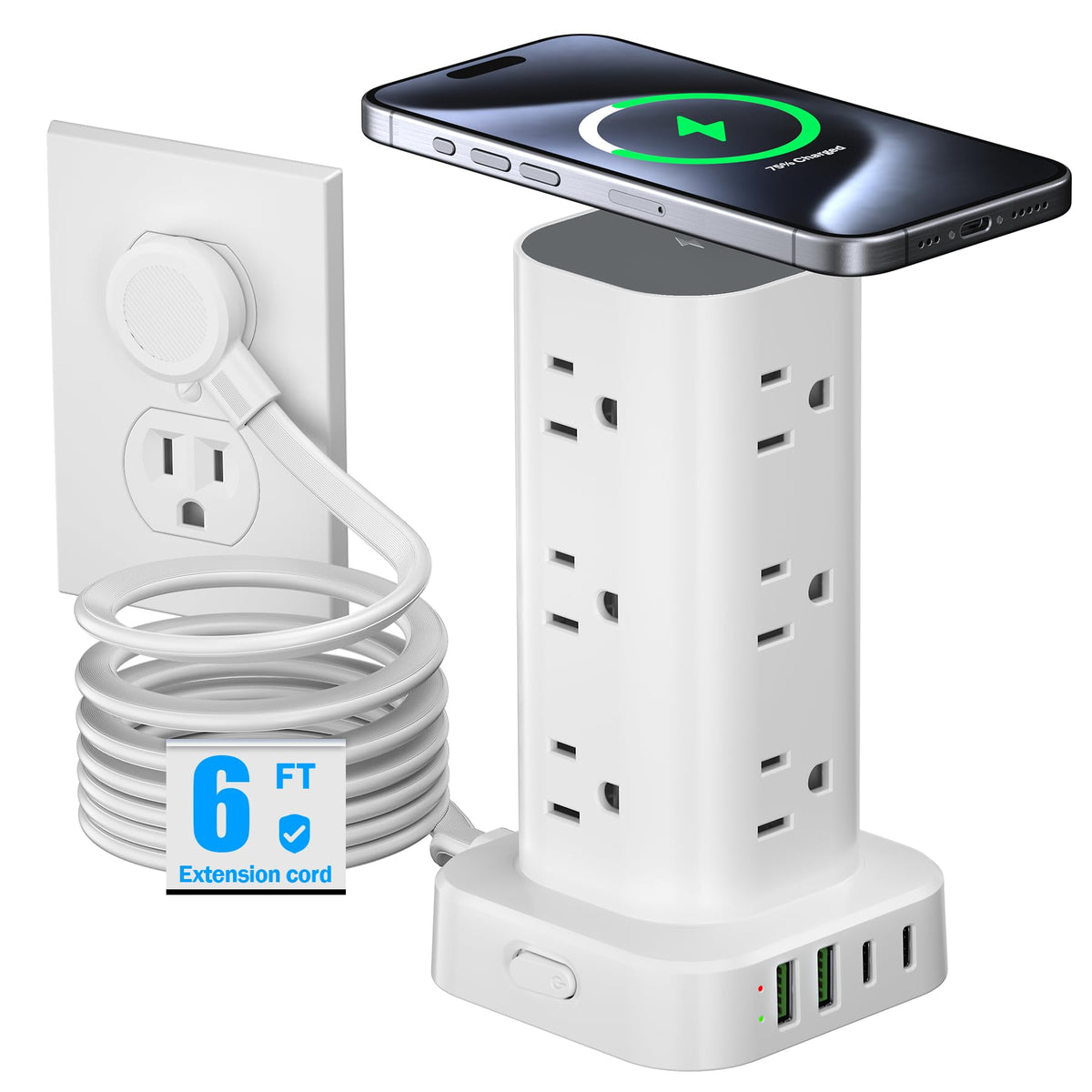 Tower Power Strip with 15W Wireless Charger, 6FT Flat Plug Extension Cord with Multiple Outlets, 12 AC Outlets, 4 USB Ports (2 USB C) Charging Station Surge Protector for Office Home Dorm Room (Black)