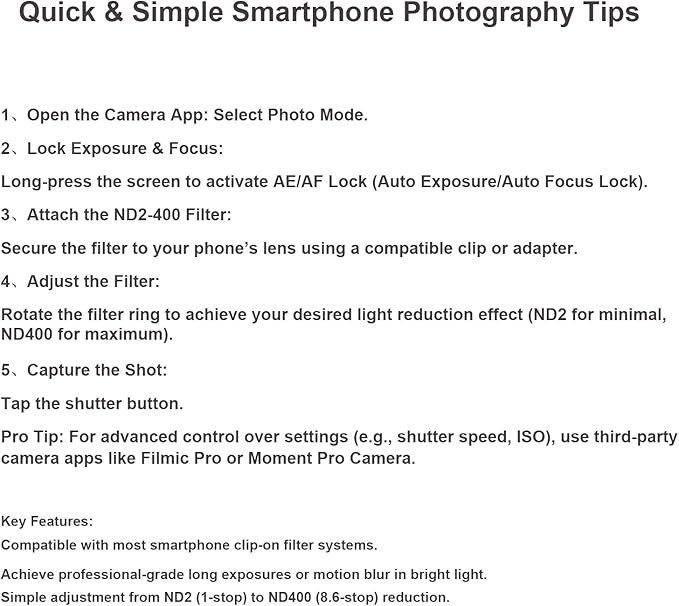 52mm Clip-on ND2-400 Phone Camera Lens Filter Kit, Adjustable Neutral Density Filter Compatible for iPhone 15 14 13 12 11, Google Pixel and Other Smart Phones