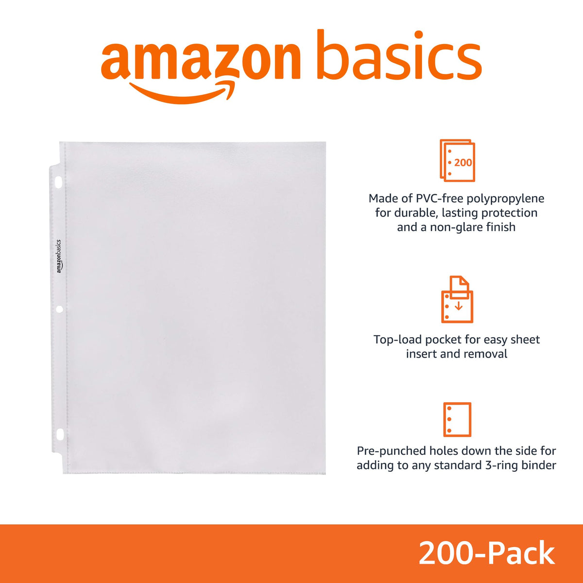 Amazon Basics Polypropylene Sheet Protectors for 3 Ring Binder, Non-Glare, Top Loading, Document Protection, Clear, 200-Pack