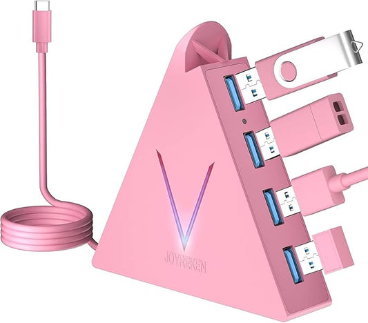 JoyReken USB C Hub, Type C to 4 USB 3.0 Ports with 2 FT Extension Cables,Thunderbolt to USB Hub Adapter for iPad Pro/Air, MacBook Pro, Mac mini, iMac, Surface,XPS, Mouse, External Hard Drives(Pink)