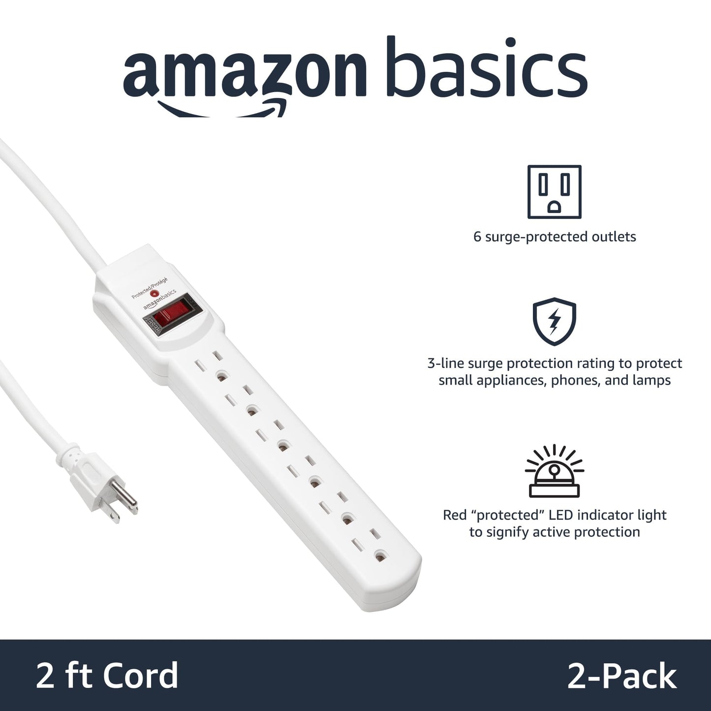 Amazon Basics Surge Protector Power Strip, 6-Outlet with 200J Protection, Circuit Breaker, LED Indicator, On/Off Switch, Wall-Mounting, 2ft Extension Cord, White, 2-Pack