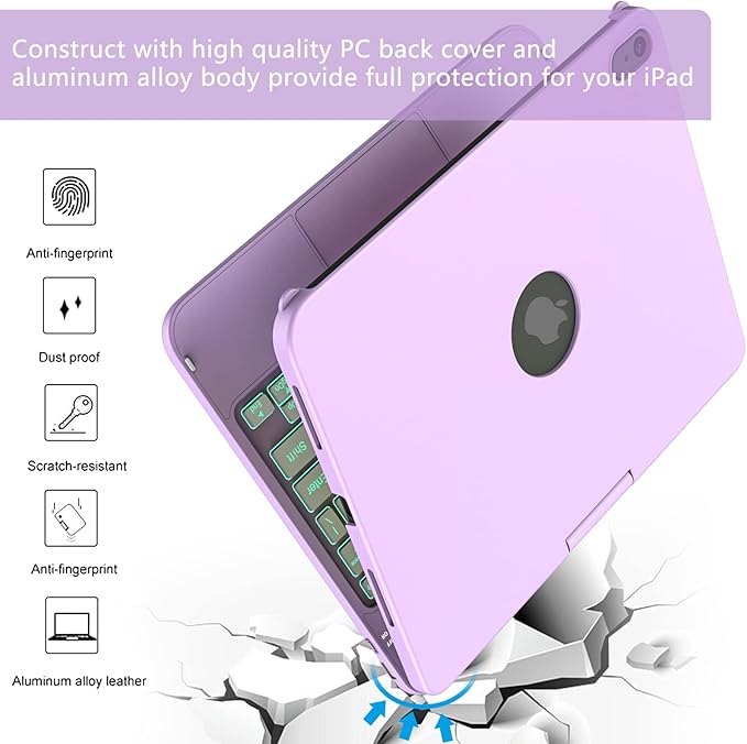 HOTLIFE for iPad A16 11th Generation/10th Generation Case with Keyboard,Touch Keyboard for iPad 11" /10th Gen 10.9 inch 2022-10 Color Backlight, 360° Rotatable Protective Cover (Light Purple)