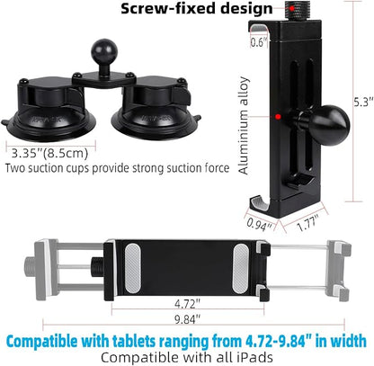 Aluminum Tablet Holder for All iPad, 360° adjustable Secure Double Suction Cup Mount for Car Truck Windshield,Sunroof, Compatible with iPad Pro 12.9 Mini Air, Galaxy Tabs and 4.7-15" Tablets