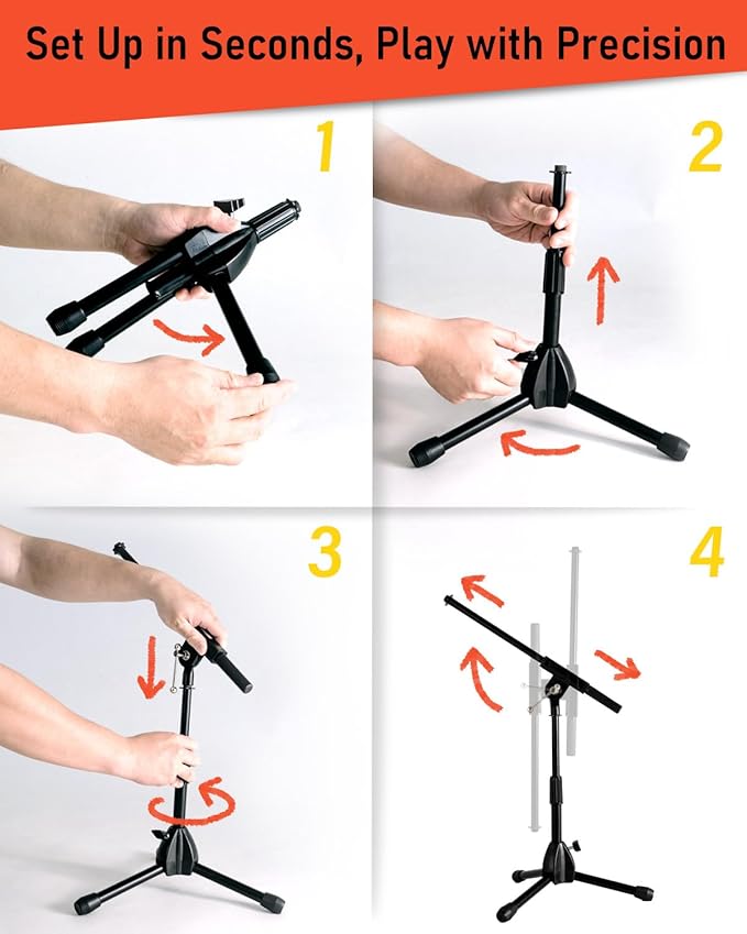 Stage Rocker Foldable Tripod Low-Profile Mic Boom Stand - Height Extending from 9.6'' to 16.9'', w/Adjustable Telescoping Arm Up to 9'', Lightweight/Convenient, Black, Powered by Hamilton(SR610121B)