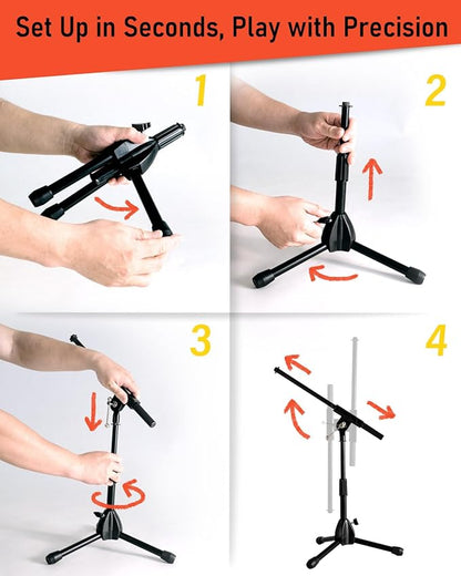 Stage Rocker Foldable Tripod Low-Profile Mic Boom Stand - Height Extending from 9.6'' to 16.9'', w/Adjustable Telescoping Arm Up to 9'', Lightweight/Convenient, Black, Powered by Hamilton(SR610121B)
