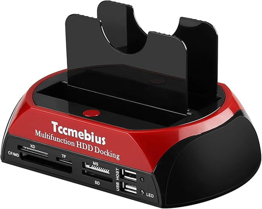 Tccmebius Hard Drive Docking Station, TCC-S862-US USB 2.0 to 2.5 3.5 Inch SATA IDE Dual Slots External Enclosure with All in 1 Card Reader and USB 2.0 Hub for 2.5" 3.5" IDE SATA I/II/III HDD SSD