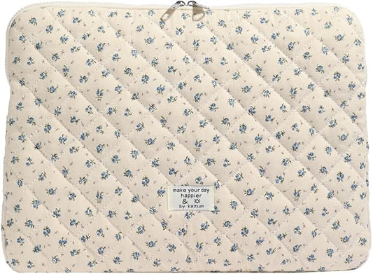 Puffy Laptop Sleeve 13-15.6 Inch Cute Quilted Laptop Protective Case Padded Floral Computer Sleeve for MacBook (A-Blue, 15 Inch)