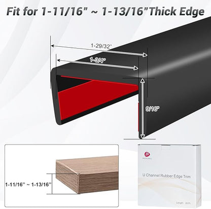 Rubber Edge Trim, 1-3/4 inch Wide U Channel Edge Trim, Big Size U Shaped Trim, Self Adhesive Edge Banding for Plywood, Woods, Doors, Shelf, Cabinet, Countertop, Length 20Ft, Black Gloss Finish