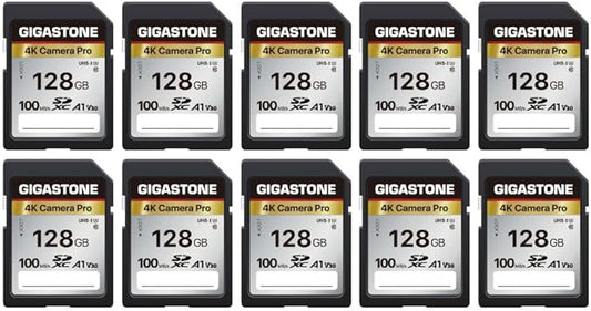 【5-Years Data Recovery】 GIGASTONE 128GB SD Card 10-Pack, 4K Camera Pro, UHS-I A1 V30 SDXC Memory Card 4K UHD Video Speed up to 100MB/s, Compatible with Digital Camera, with 10 Mini Cases