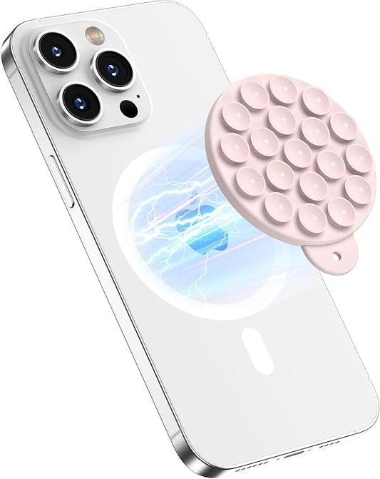 HSAOHD Magnetic Suction Cup Phone Mount, Compatible with MagSafe, Silicone Octo Cup Buddy Sticky Grip Holder for iPhone and Android, Removable Hands-Free Selfie/Video for TikTok, Lovely Pink