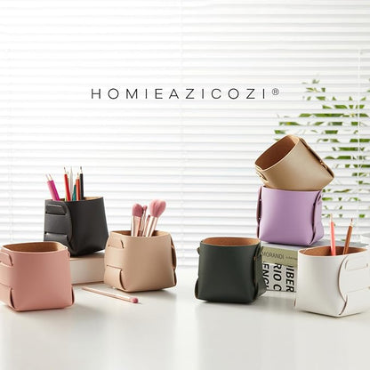 HOMIEAZICOZI 2-Pack Cork Leather Desk Accessories Storage - Pencil Pen Holder - Makeup Brush Holder Organizer - Stylish Addition to Home Decor (Light Green)