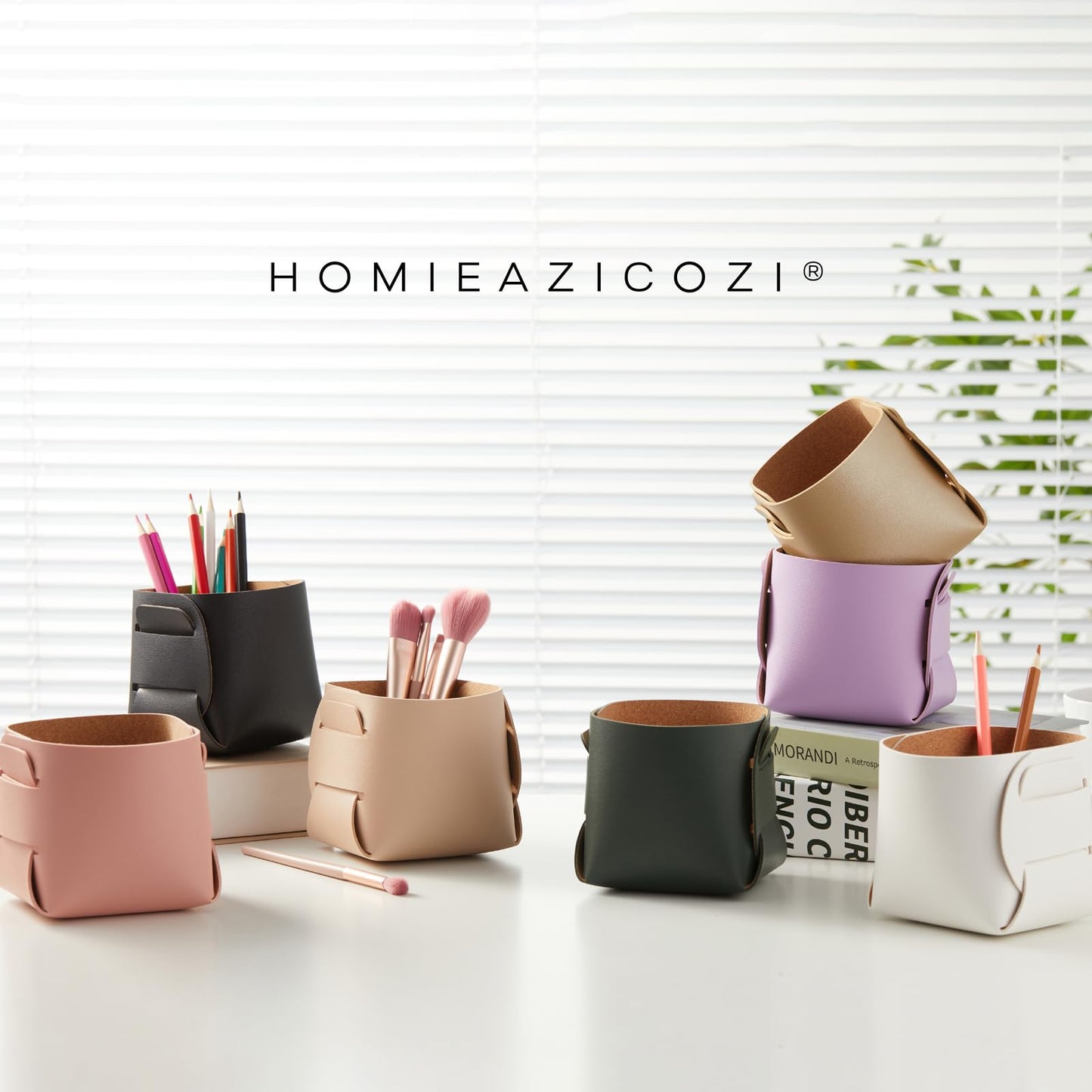 HOMIEAZICOZI 2-Pack Cork Leather Desk Accessories Storage - Pencil Pen Holder - Makeup Brush Holder Organizer - Stylish Addition to Home Decor (Gray)