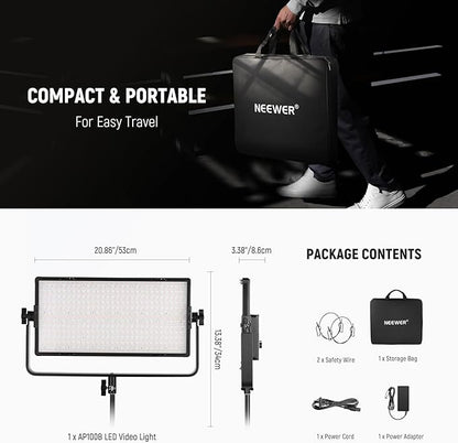 NEEWER 100W Bi Color LED Panel Video Light Kit, 960 LEDs 38600Lux@0.5m 2500K-8500K CRI96+/TLCI97+ 0-100% Dimming, APP/2.4G/Panel/DMX Control for Pro Studio Photography Recording Stage Lighting, AP100B
