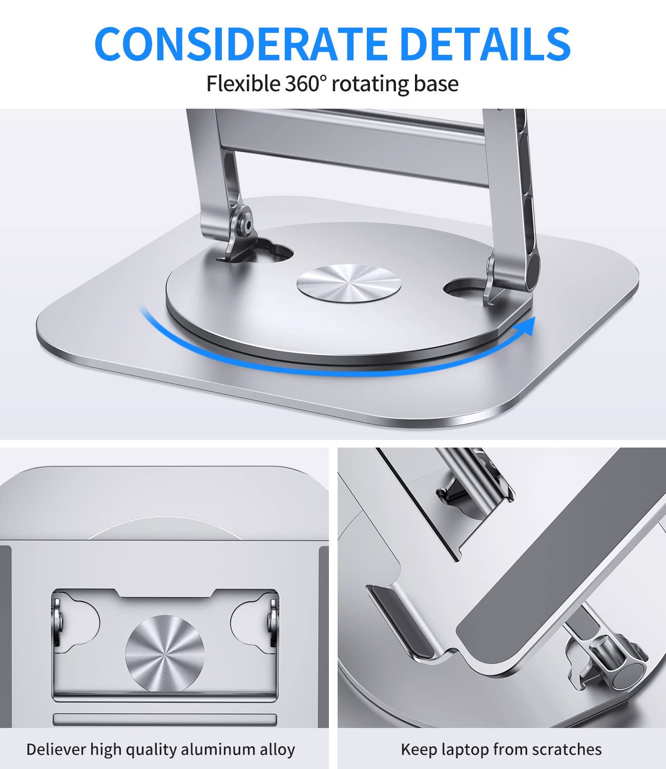 AOEVI Adjustable Laptop Stand with 360 Rotating Base, Stable Computer Stand for Laptop Ergonimic Foldable Laptop Riser for Desk Compatible with MacBook Pro/Air Notebook up to 16 Inches, Silver