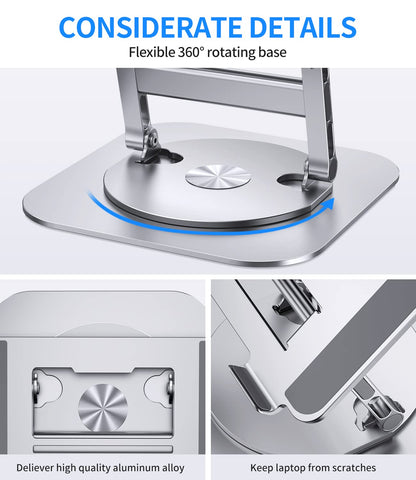 AOEVI Adjustable Laptop Stand with 360 Rotating Base, Stable Computer Stand for Laptop Ergonimic Foldable Laptop Riser for Desk Compatible with MacBook Pro/Air Notebook up to 16 Inches, Silver