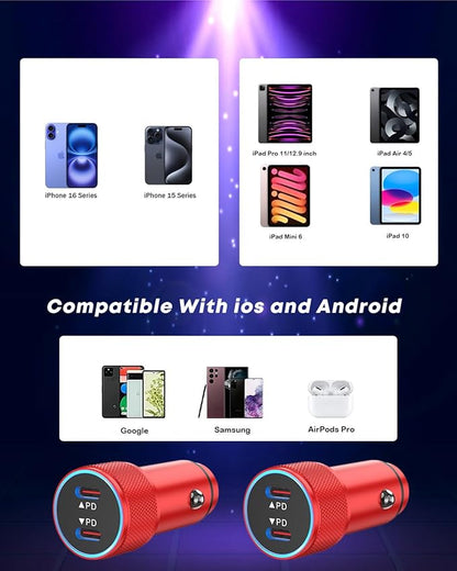 Fast Car Charger for iPhone 16,USB C Charging iPhone 2Pack Dual USB C Port Car Charger Block Cigarette Lighter Adapter Plug with Woven Braided USB C to USB C Cord for iPhone 16/16 Pro/15/iPad(Red)