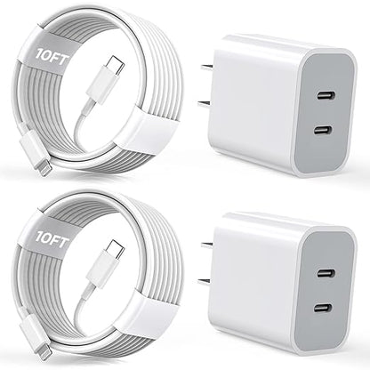 iPhone Charger [Apple MFi Certified] 2Pack PD Dual USB C Charger Block Fast Charging Wall Charge Plug with 10FT Long Rapid Type C - Lightning Cable Apple Charge for iPhone 14/13/12/11/XS/XR/SE, iPad
