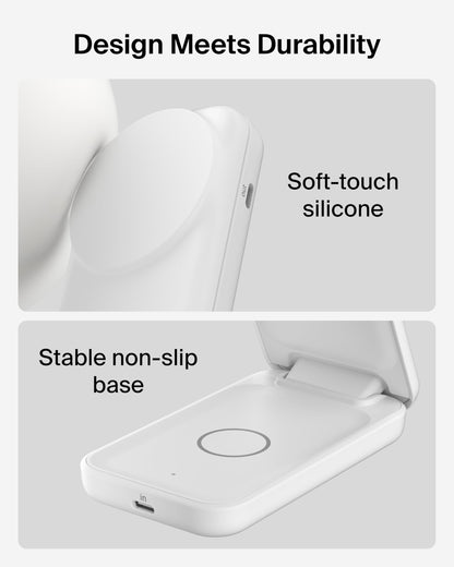 Belkin MagSafe Charger, Compatible 2-in-1 Charging Station, Qi2.2 25W Magnetic Wireless Charger iPhone, Foldable Stand, with 5W USB-C Port, for iPhone 17/16/15, Pixel 10, AirPods, 45W Adapter Included