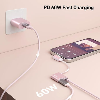 BENFEI USB C to Audio Jack Adapter with 60W Fast Charging, USB-C to 3.5mm Female Headphone Compatible with iPhone 16/15 Pro Max/Pro, Samsung Galaxy S24/S23/S22/S21 Ultra, iPad Pro, Pixel 8 Pink