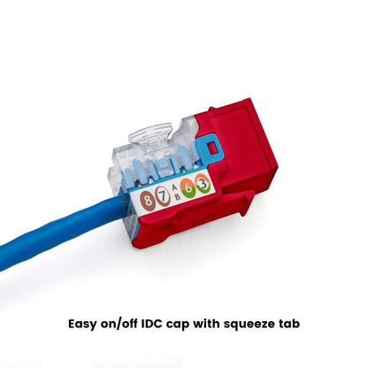 TRUE CABLE Cat5e Keystone Jack, Unshielded (UTP), 90 Degree Punch-Down, PoE++ (4PPoE) 100W, UL Listed, ETL Verified, ANSI/TIA Certified, Modular RJ45 Female, Red, 48 Pack