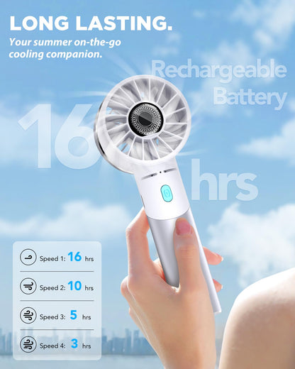 Lepwings Handheld Fan, Mini Small Portable Turbo Fan, Rechargeable with 4 High Speeds Personal Fans, Max 16H Runtime, For Travel, Office, Outdoor - Silver