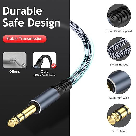 1/4 inch Extension Cable, 50ft, Male to Female Stereo Headphone Guitar Cable Copper Wire, Gold Plated Connectors, Tangle-Free, Compatible with Mixing Console, Speaker, Amplifier, Guitar