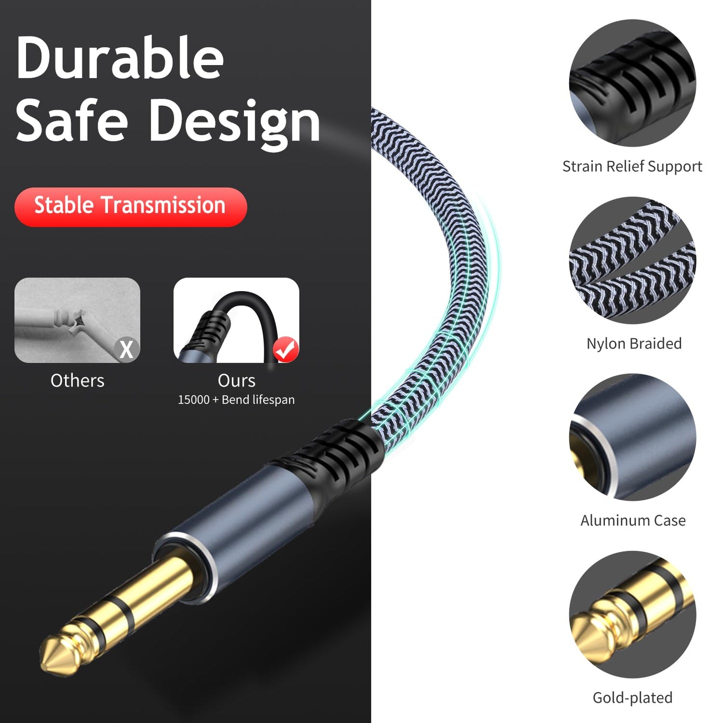 TAISUSAN 1/4 inch 10ft Stereo Headphone Guitar Cable, Male to Female, Quarter inch Headphone Extension