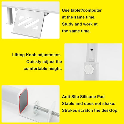 Clamp-On Monitor Stand Riser with Phone/Pad Holder, Height Adjustable from 6.7" to 10.7", Computer Desk Shelf for Laptop, PC, Home Office Workstation (White)