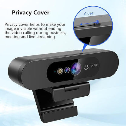 2K QHD Webcam with Windows Hello Facial Recognition, 4MP Computer Camera with Noise-reducing Mic, Privacy Cover, 92° FOV Laptop Webcam for Video Conferencing, Live Streaming, Online Learning