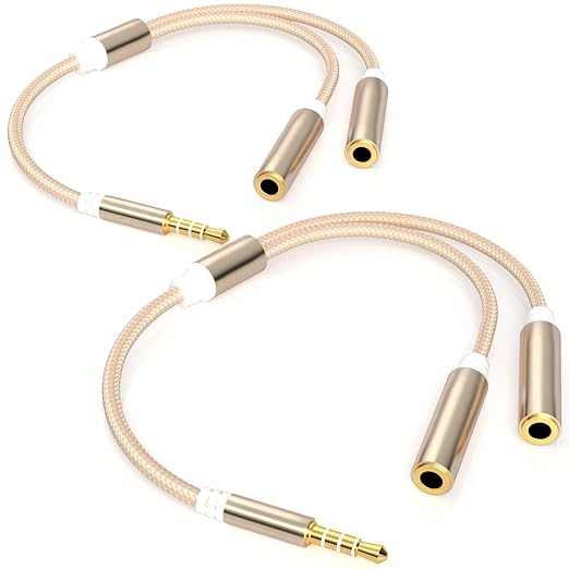 3.5mm TRRS Splitter for 2 Headphones 1FT 2-Pack, Audio & Mic, 3.5 mm Aux Jack Cable 1 in 2 out, Dual 1/8" Stereo Female Adapter, Double Headset Split Y Cord 2 Way for Phone/Tablet/Laptop/PC/MP3, Gold