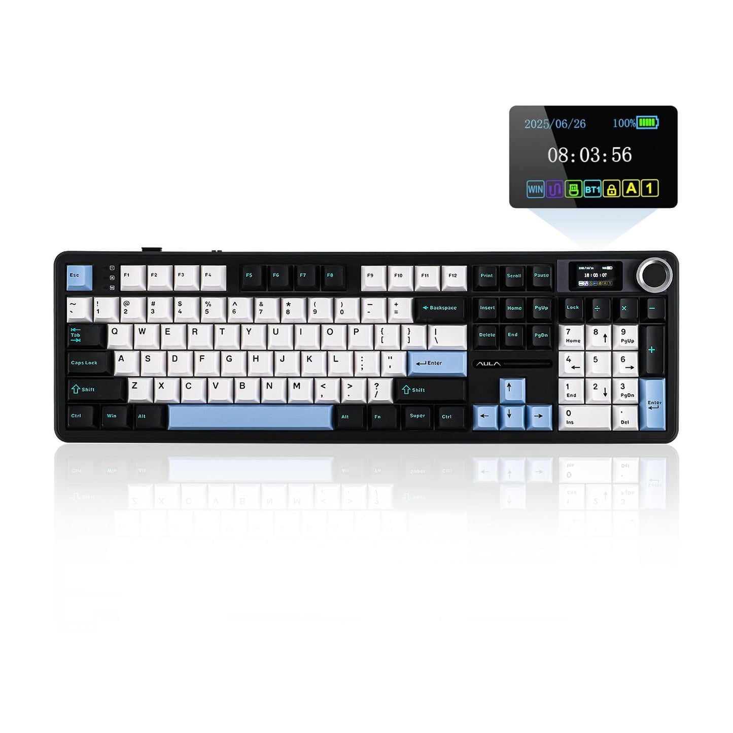 EPOMAKER X Aula F108 PRO Wireless Gaming Keyboard with Screen, 8000mAh Battery, 104 Hot-Swappable and Programmable Keys and Knob, RGB Backlight, for Mac/PC/Android (Blue&White&Black)