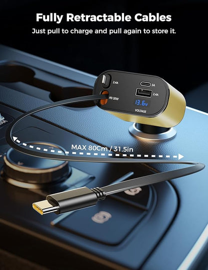 【Upgraded】 SUPERONE Retractable Car Charger 4 in 1, Fast Car Phone Charger with Cord 2.6ft, USB C and Apple Car Charger Adapter, Compatible with iPhone 15/15 Pro Max/14/13/12/11, Galaxy, Pixel