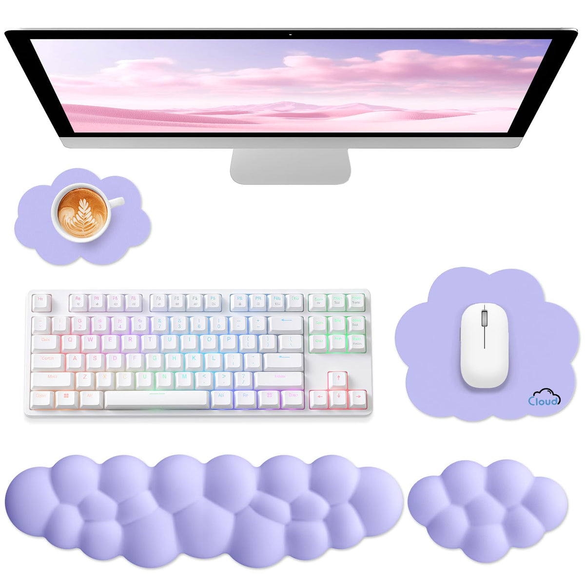 Sushret Cloud Wrist Rest for Computer Keyboard and Mouse Pad Set, Pink