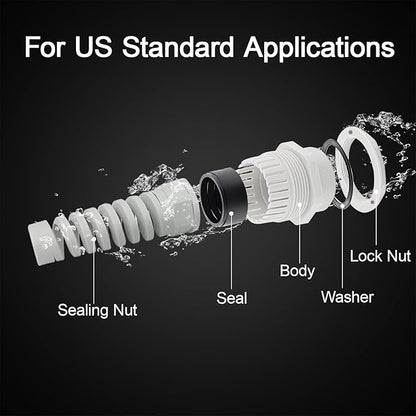 LeMotech 5Pcs NPT 1" IP68 Waterproof Cable Gland Flex Spiral Strain Relief Grey Nylon Joint with Gaskets for 18-25mm Wire Thread